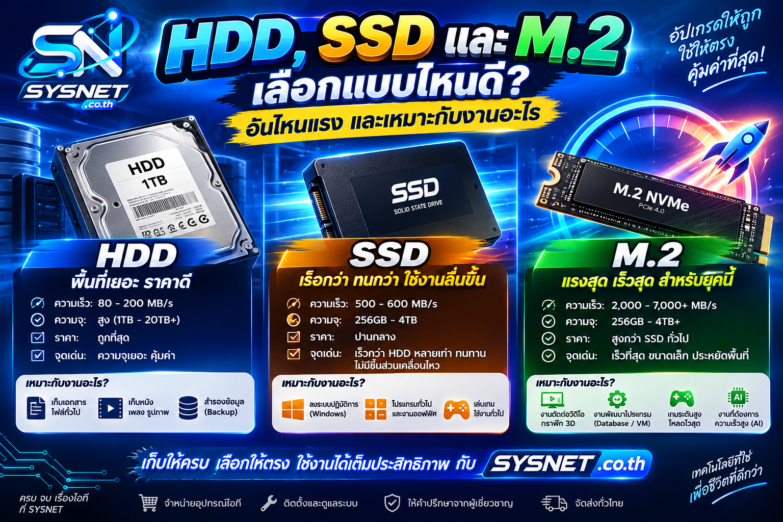 HDD, SSD และ M.2 NVMe ต่างกันอย่างไร? อันไหนแรงและเหมาะกับงานอะไร
