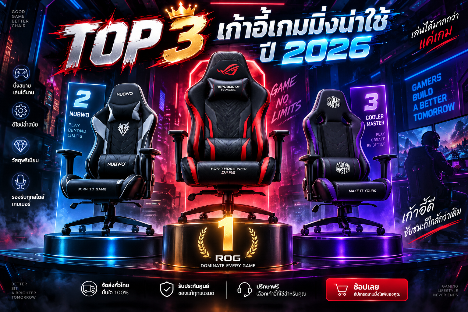 TOP 3 เก้าอี้เกมมิ่งน่าใช้ ปี 2026! นั่งสบาย ดีไซน์เท่ ฟีเจอร์จัดเต็ม รุ่นไหนคุ้มที่สุด?