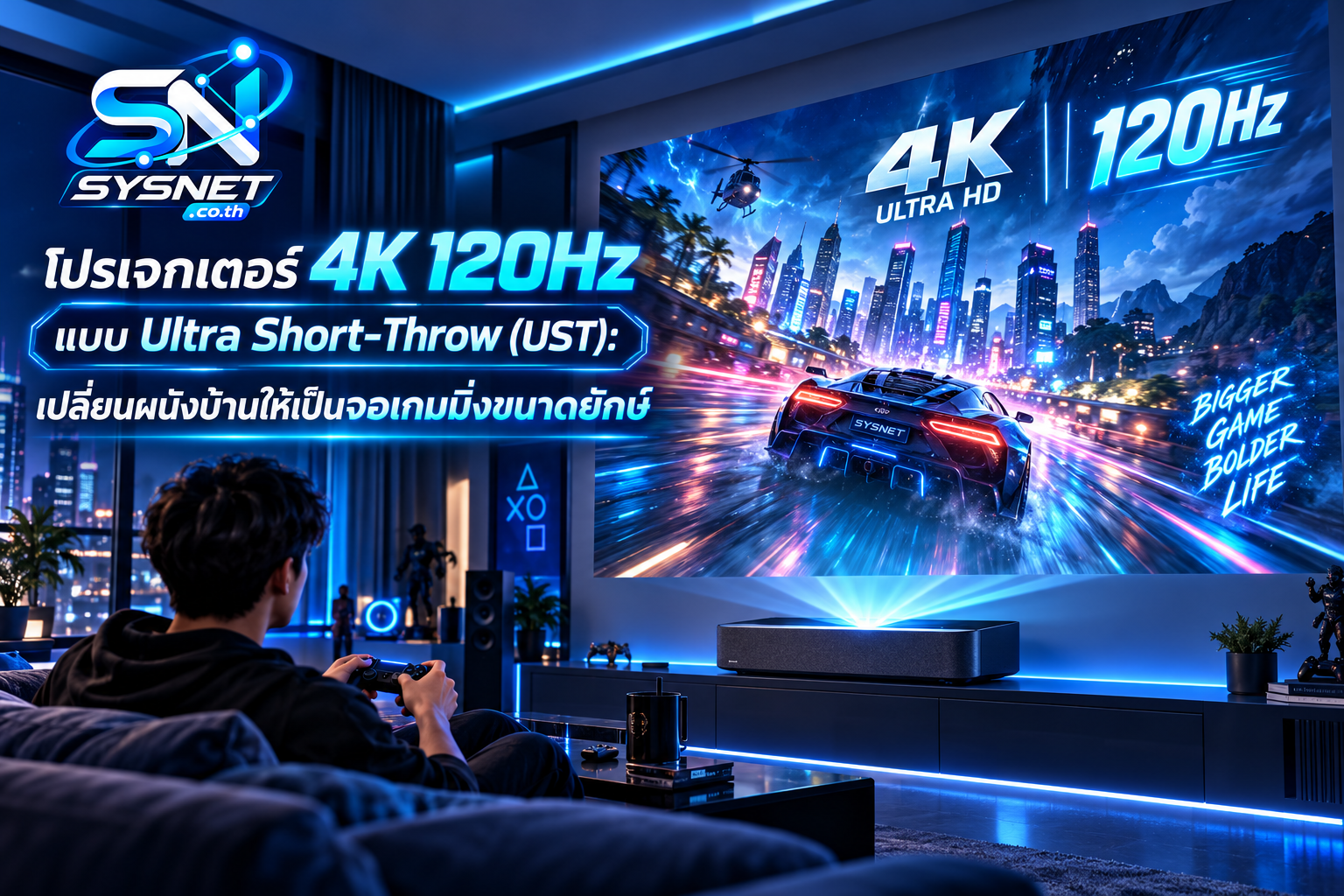 โปรเจกเตอร์ 4K 120Hz แบบ Ultra Short-Throw (UST): เปลี่ยนผนังบ้านให้เป็นจอเกมมิ่งขนาดยักษ์!