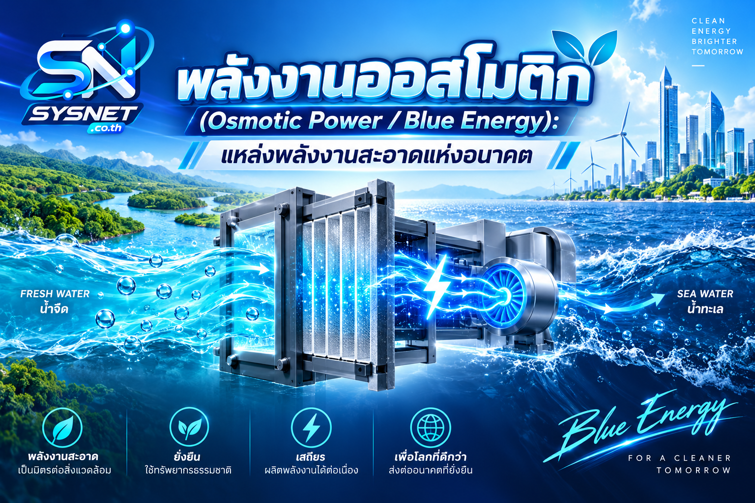 พลังงานออสโมติก (Osmotic Power / Blue Energy): ขุมพลังงานสะอาดแห่งอนาคต ที่ซ่อนอยู่ระหว่างน้ำจืดกับน้ำเค็ม