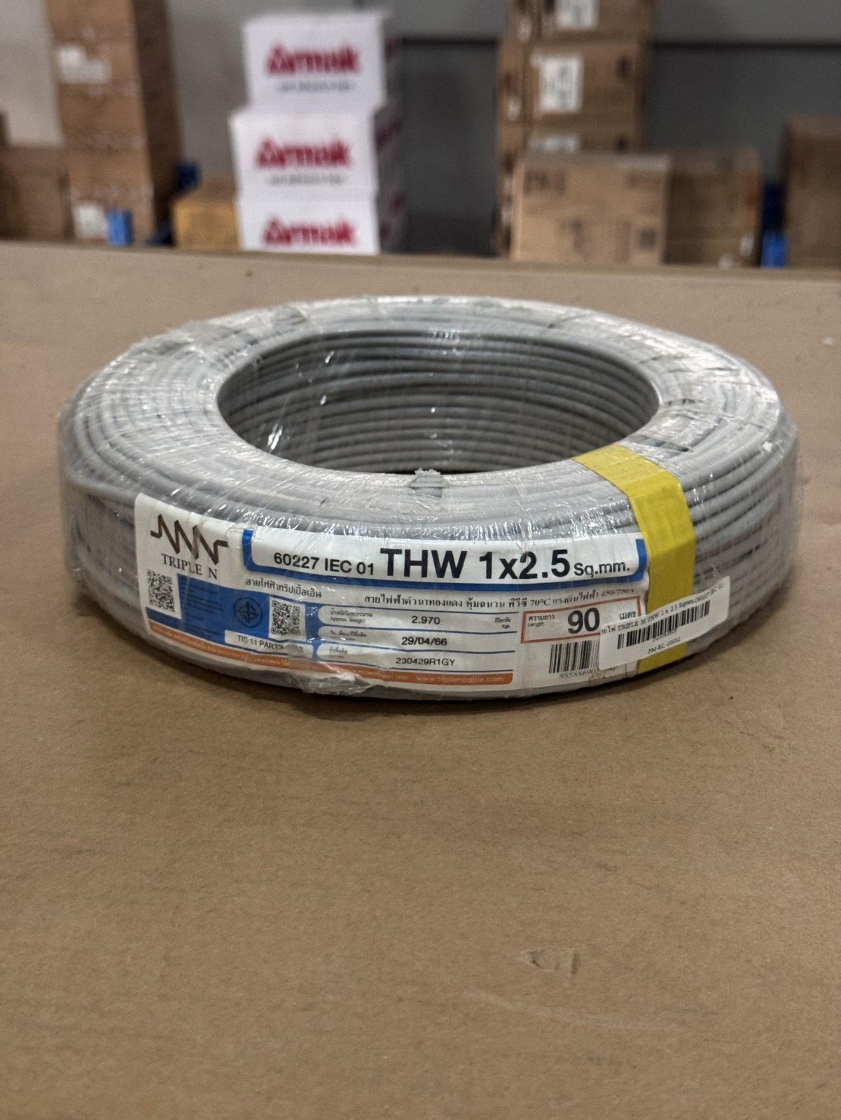 ขาย สายไฟ TRIPLE N THW 1 x 2.5 Sqmm.(60227 IEC 01) ความยาว 90ม.(สีเทา)